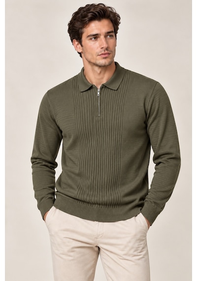 Cool Tarz Erkek Polo Yaka Yarım Fermuarlı Önü Fitilli Slim Fit Akrilik Pamuk Triko Kazak Haki Haki