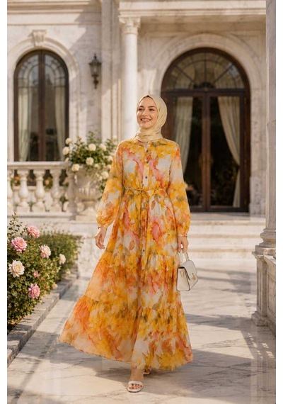 Hb Harma Time Butik Kadın Düğmeli Desenli Modal Kumaş Sarı Elbise Turuncu Turuncu
