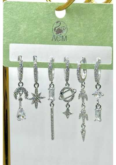 Kadın Küpe İthal Full Zirkon Seri 6'lı Satrün Sallantılı Model Kararmaz Küpe Gümüş