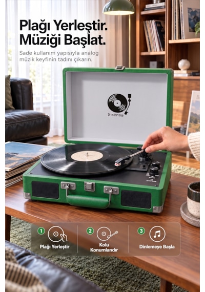 Kensa Bluetooth Lu Nostaljik Çantalı Pikap 33/45/78 Devir Dahili Bataryalı Plak Çalar Yeşil