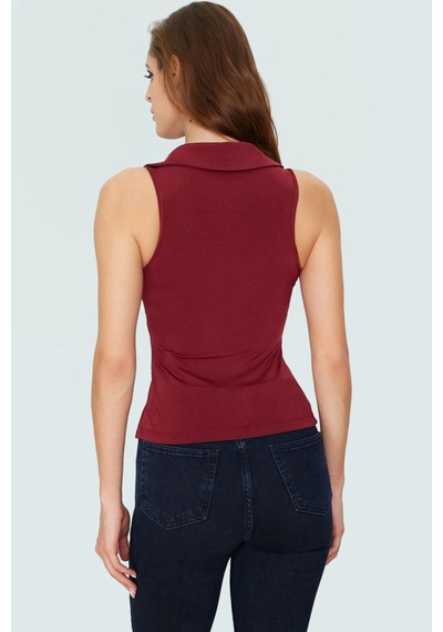 Ersefa Yazlık Kolsuz Bluz Fitted Kalıp Polo Yaka Örme Kumaş Mükemmel Uyu bordo