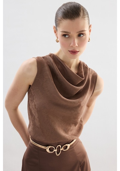Sateen Degaje Yaka Bluz - Vizon-136756 VİZON