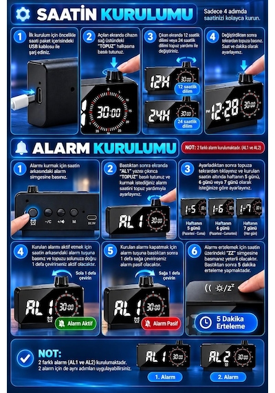 Hymark Görsel Zamanlayıcı Led Şarj Edilebilir Dijital Çalar Saat Siyah