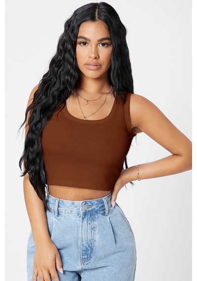 Angbutik Kadın Kahverengi Kare Yaka Crop Top Bluz