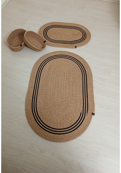 Senza Atelier Oval Jüt Banyo Paspası - Naturel Hasır Dokulu Dekoratif Banyo Halısı Hasır Siyah