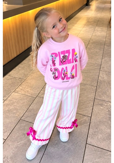 Monila Kız Çocuk Pembe Pizza Yazılı Pamuklu Sweatshirt Ve Pembe Çizgili Kanvas Pantolonlu Alt Üst Takım