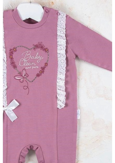Baby Donat Love Kalp Nakışlı % 100 Pamuk Kız Bebek Tulumu Mor