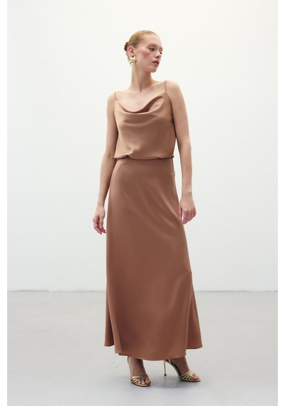 Sateen Uzun Saten Etek - Camel