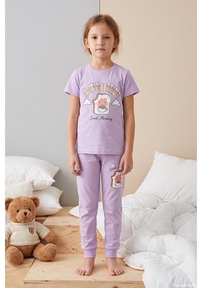 Remsa Kız Çocuk Kısa Kol Baskılı Penye Pijama Takımı 2647 Lila01 Lila