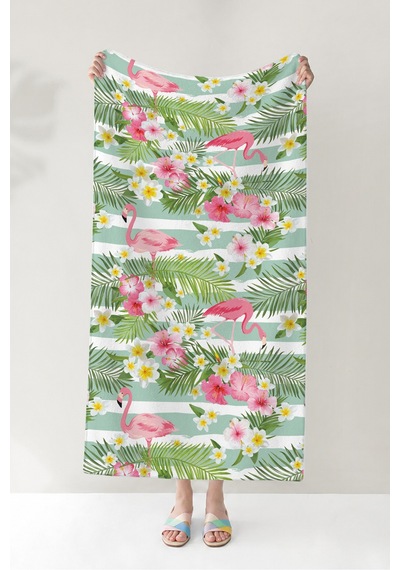 Flamingo Tropikal Çiçekli Plaj Havlusu - Mint Pembe Marine Çizgili Hızlı Kuruyan Mikrofiber Havlu Çok Renkli
