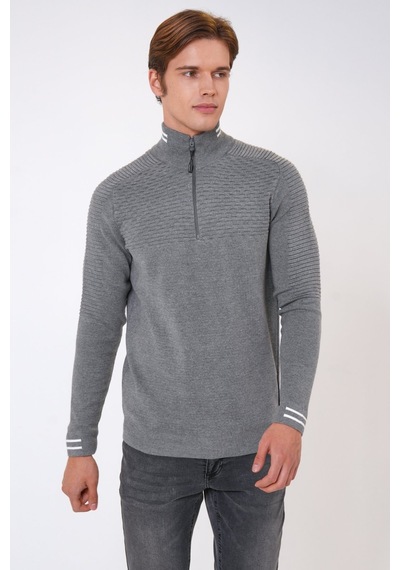Back And Bond Gri Regular Fit Desenli Dik Yaka Yarım Fermuarlı Triko Kazak-gri Gri