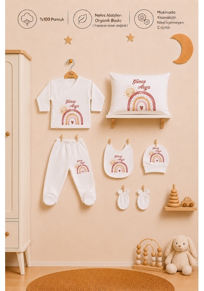 Pia Baby Kişiye Özel Kız Bebek Zıbın Seti 6 Parça %100 Pamuk Hastane Çıkışı Yastık Kılıfı 1062yzyx Ekru