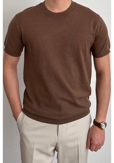 Cool Tarz Erkek Kahverengi Slim Fit Bisiklet Yaka Triko T-shirt Kahverengi Kahverengi