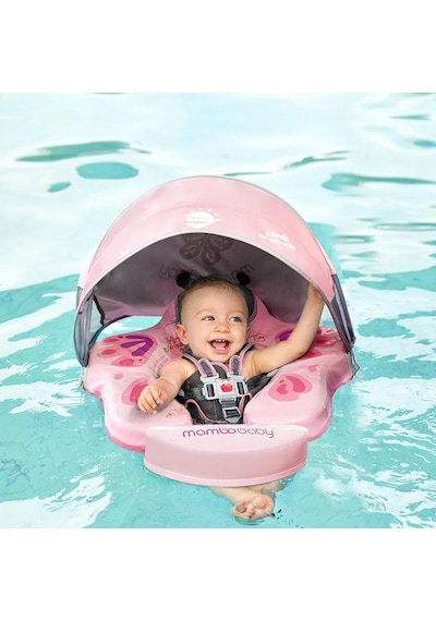 Mambobaby Yüzme Simidi - Pembe Kelebek, Emniyetli, Gölgelikli Ve Ayak Destekli