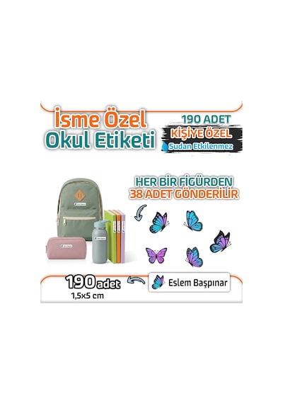 Kapbirhediye Okul Etiketi Isme Özel Kalem Defter Etiketi Kelebek Temalı 190 Adet Çok Renkli