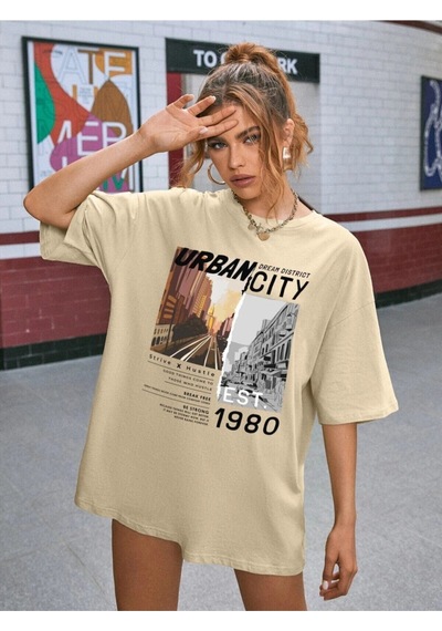 Flood Of Style Kadın Vizon Urban Baskılı T-shirt Bej