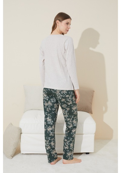 Siyah İnci Düğmeli Pamuklu Örme Pijama Takım 24240099 Bej