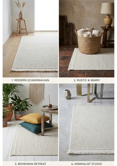 Leiva Home Beyaz Bohem Bukle Dokulu Yumuşak Modern Saçaklı Salon Yatak Odası Mutfak Halısı