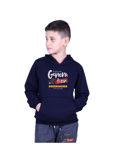 Fyk Kids Kapüşonlu Kanguru Cepli Generation Yazı Baskılı Erkek Çocuk Eşofman Takımı Lacivert - Füme