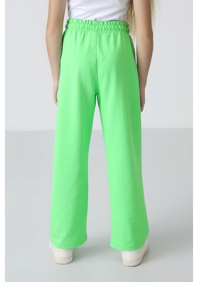 Neon Yeşil Cepli Ön Dikiş Detaylı Geniş Paça Kız Çocuk Eşofman Altı -75144 Neon Yeşil