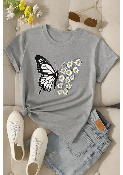 Papatyalı Kelebek Baskılı Unisex Tişört Gri