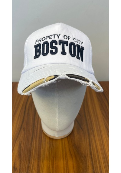 Boston Nakışlı Eskitme Vintage Model Pamuklu Cap Şapka Beyaz