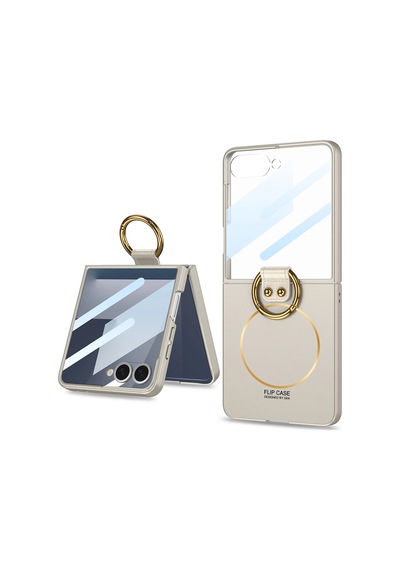 Samsung Uyumlu Galaxy Z Flip 7 Kılıf M-safe Şarj Özellikli Zore Kıpta Yüzüklü Flip Sert Kapak Titanyum-Gri