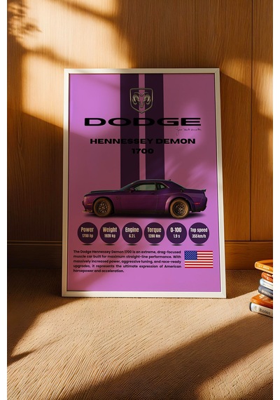Dodge Hennessey Demon 1700 Tablo - Teknik Özellikli Araba Poster - Çerçeveli Duvar Dekoru Beyaz