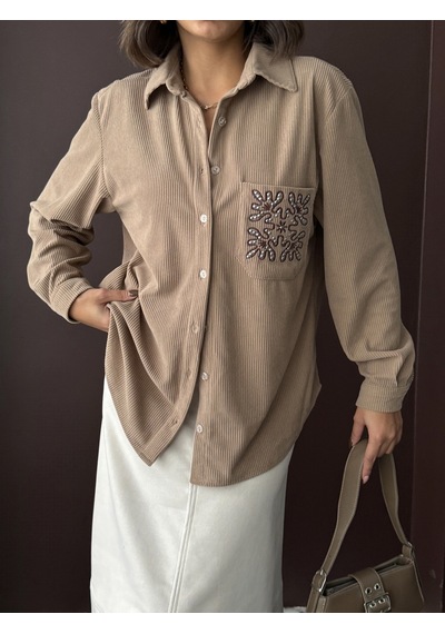 Verymoda Fitilli Kadife İşlemeli Gömlek - F1997 VİZON
