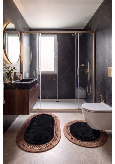 Banyo Paspası Takımı 60x100+60x60 Cm İç Trikot Siyah & Camel