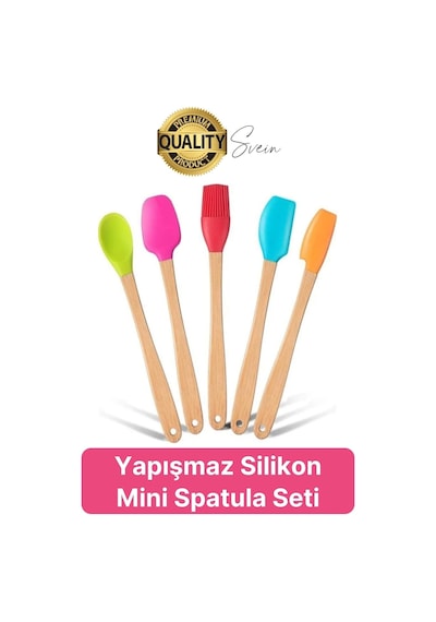 Mini Spatula Kaşık Fırça Setleri Yapışmaz Silikon Tencere Ahşap Saplı Renkli Pişirme Mutfak Araçları