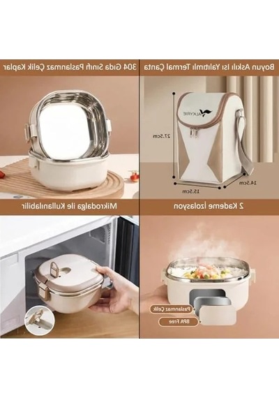 Termal Yemek Kabı, 2100 Ml, 304 Paslanmaz Çelik, 3 Katlı Açık Bej