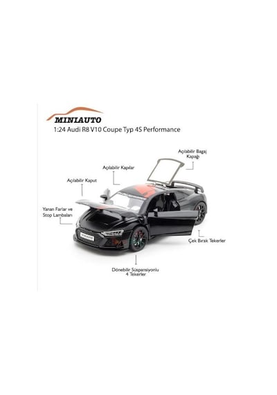 Mınıauto Audi R8 Siyah 1:24 Metal Çek Bırak Kapıları Açılan Sesli Işıklı Araba Siyah