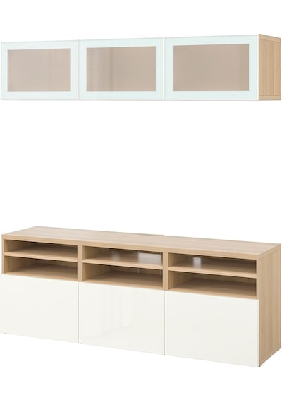 Tv Ünitesi, Ağartılmış Meşe Görünümlü-parlak Cila-beyaz, 180x42x192 Cm, Selsvıken/glassvık, Çıt Çıt Raylı Beyaz Tv Ünitesi, Ağartılmış Meşe Görünümlü-parlak Cila-beyaz, 180x42x192 Cm, Selsvıken/glassvık, Çıt Çıt Raylı Beyaz