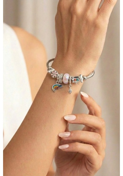Gökkuşağı Ve Sanat Temalı Charm Detaylı Silver Pembe Bijuteri Kelepçe Bileklik