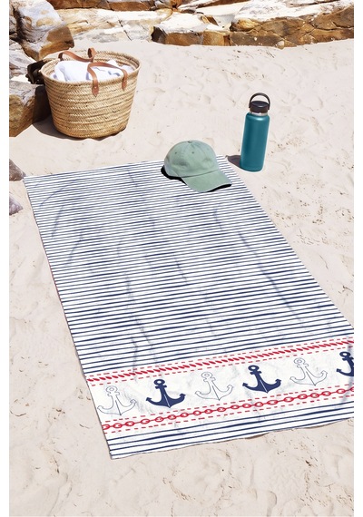 Çizgili Marine Çapa Plaj Havlusu - Lacivert Beyaz Nautical Tarz Hızlı Kuruyan Mikrofiber Havlu Örtü Kül Akasya