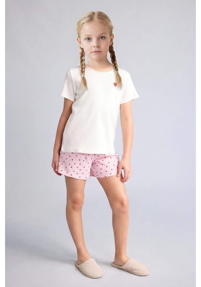 Defacto Regular Fıt Fitilli Kaşkorse Şort Tişört 2li Pijama Takımı Kız Çocuk H5705a826smer233 Ekru-er233