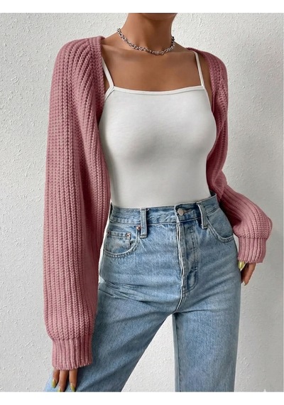 Moibody Triko Örgü Reglan Kol Bolero Hırka Kore Tarzı 4 Mevsim Pembe Pembe