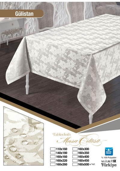 Gülistan Çiçek Desen Leke Tutmaz Yemek Masa Örtüsü 160x220cm Krem