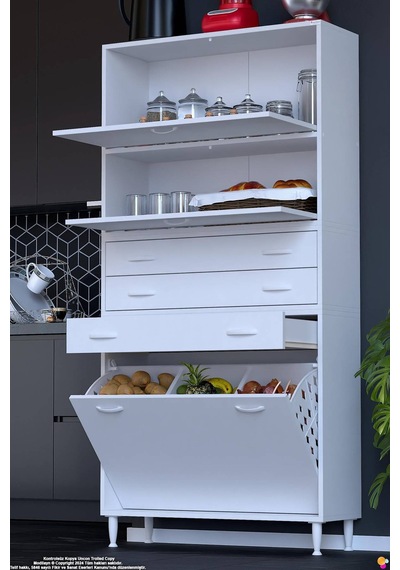 Yaren 95 Cm Erzak Dolabı 2 Kapaklı 3 Çekmeceli Sepetli Çok Amaçlı Mutfak Kiler Dolabı 95x194x32 Cm Beyaz