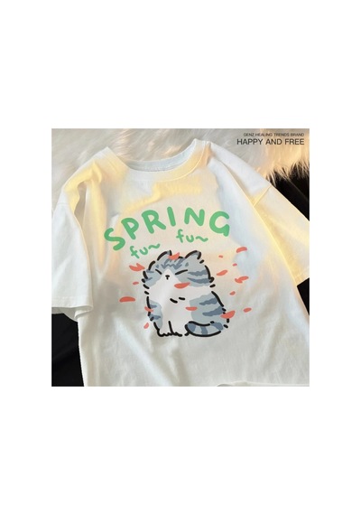 Tarzsokak Beyaz Karikatür Sevimli Kedi Ve Köpek Desen Eğlenceli Tshirt Bol Tees Sokak Serin Kısa