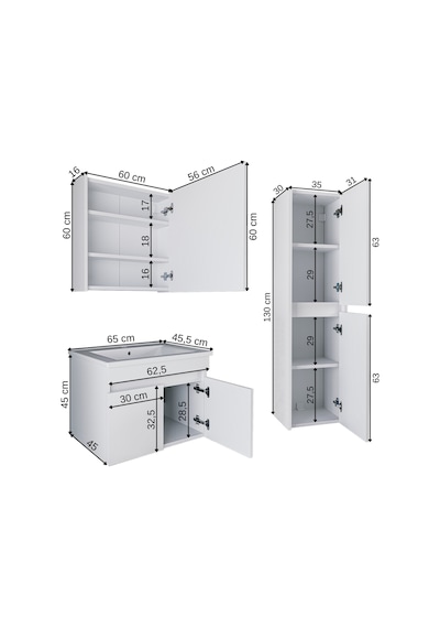 Banos Tm3 Lavabolu Beyaz 65 Cm Aynalı Banyo Dolabı Takımı Beyaz