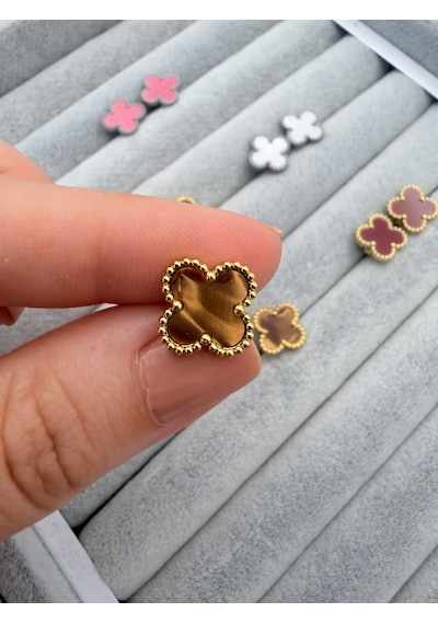Çelik Yonca Küpe Renkli Mineli Gold Kadın Küpe 1 Cm Minimal Günlük Küpe Kahverengi