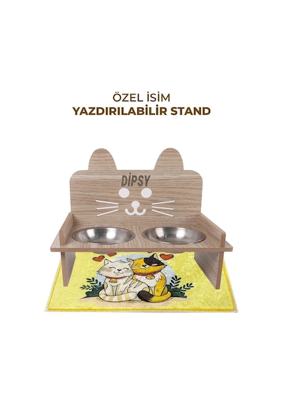 Gobypet Ahşap Özel İsim Baskılı Kulaklı Kedi Mama Su Kabı Standı