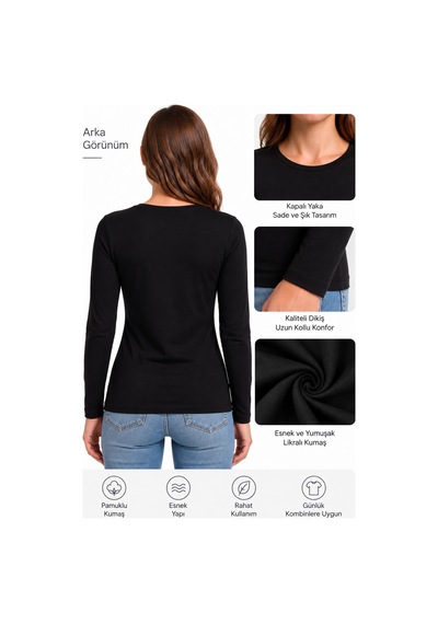 Westicgiyim Kadın Siyah Uzun Kollu Basic T-shirt Kapalı Bisiklet Yaka Full Likralı Esnek Pamuklu