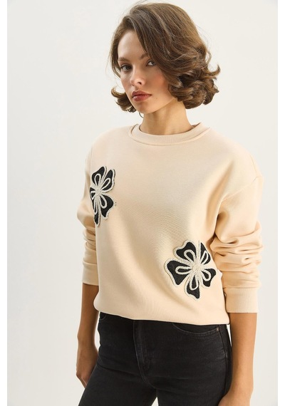 Shade Kadın Bisiklet Yaka Çiçek Nakışlı Üç İplik Şardonlu Sweatshirt 60601045 - Bej