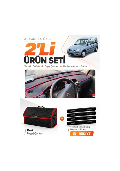 E-biz Opel Combo C 2001-2011 Uyumlu Torpido Örtüsü + Deri Bagaj Çantası - Siyah-kırmızı - Op007
