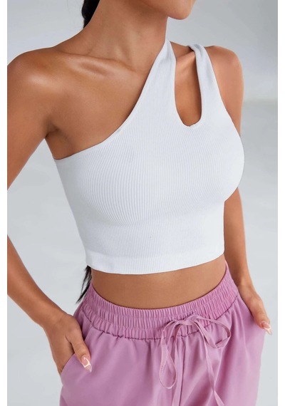 Angbutik Kadın Beyaz Tek Omuz Cut Out Detaylı Crop Top Bluz