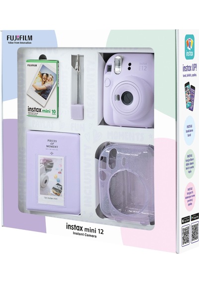 Fujifilm Instax Mini 12 Fotoğraf Makinesi + 10'lu Film + Simli Pleksi Kılıf + Pvc Albüm + Kıskaçlı Standı Lila