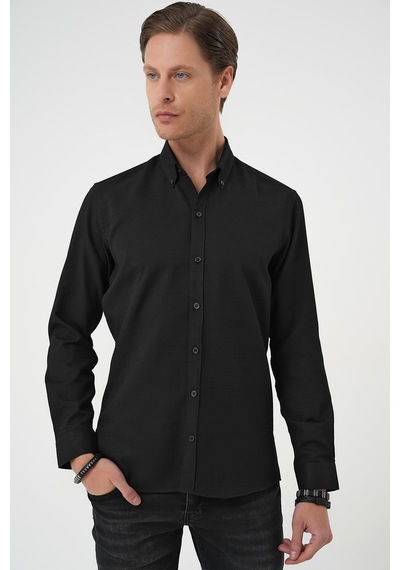 Efor Slim Fit Dokulu Düğmeli Yaka Pamuklu Klasik Siyah Gömlek Gk 739 Siyah